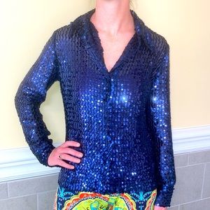 RARE OSCAR de la RENTA -I Magnin Beverly Hills exquisite navy blue sequin blouse